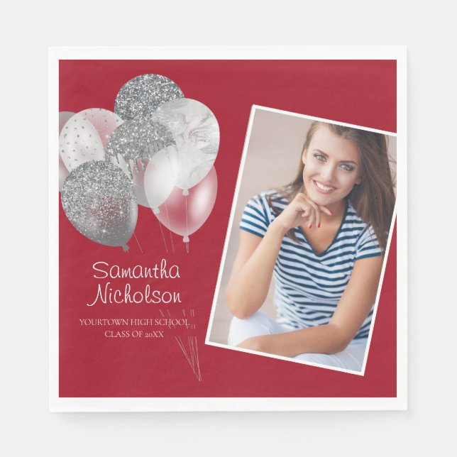 Graduierungspartei Red Silver Glitzer Balloons Fot Serviette (Vorderseite)