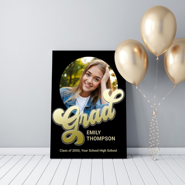 Graduierungspartei Retro Gold Custom Foto Poster (Graduation party photo poster with gold retro style calligraphy)