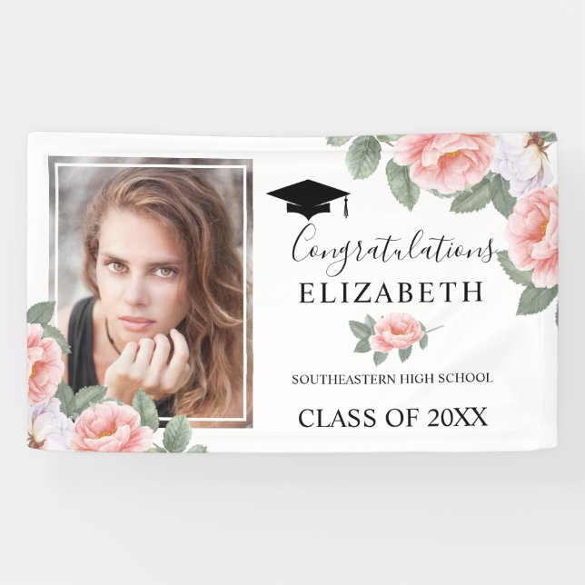 Graduierungspartei Rosa Aquarellfarben Foto Banner (Horizontal)