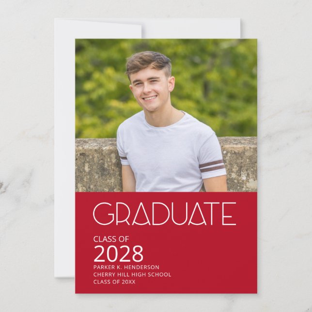 Graduierungspartei Rotes und Weißes Foto Einladung (Vorderseite)