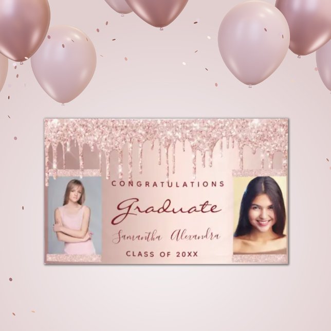 Graduierungsparty 2023 Foto Rose Gold Glitzer Trop Banner (Von Creator hochgeladen)