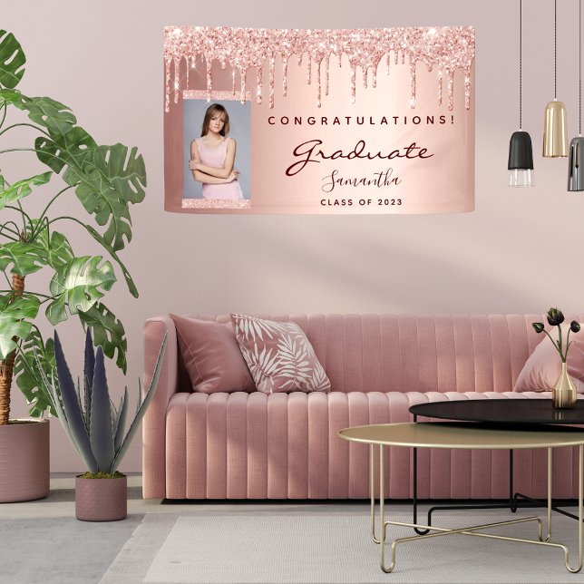 Graduierungsparty 2023 Foto Rose Gold Glitzer Trop Banner (Von Creator hochgeladen)