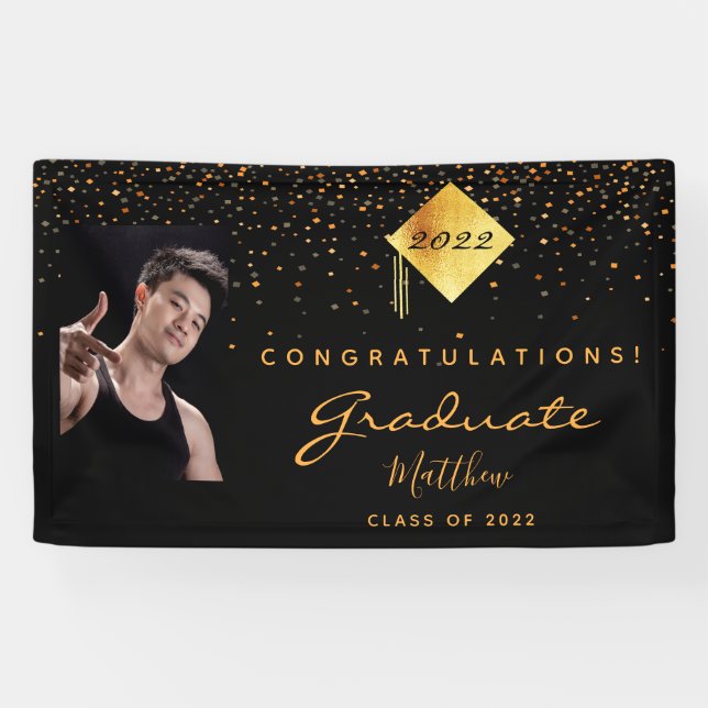Graduierungsparty 2025 Foto Goldbarren Konfetti Banner (Horizontal)