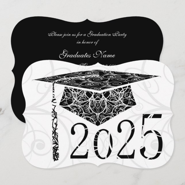 Graduierungsparty 2025: Schwarz-Weiß-Blütenkappe Einladung (Vorne/Hinten)