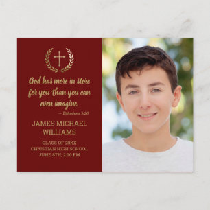 Graduierungsparty Bible Verse Foto Maroon Gold Postkarte
