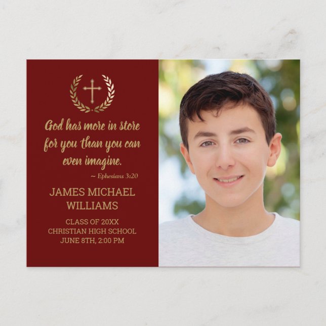 Graduierungsparty Bible Verse Foto Maroon Gold Postkarte (Vorderseite)