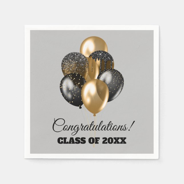 Graduierungsparty Black and Gold Balloons Gray Serviette (Vorderseite)