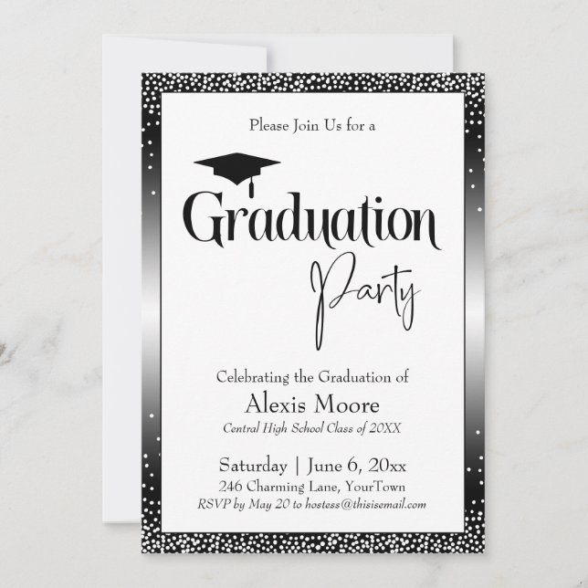 Graduierungsparty Black & White Ombre Confetti Einladung (Vorderseite)