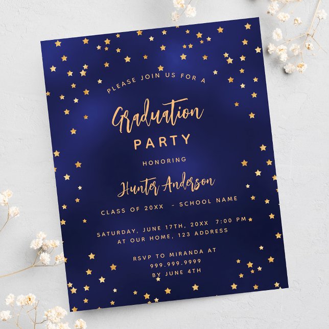 Graduierungsparty Blue Gold Stars Einladung Flyer (Von Creator hochgeladen)