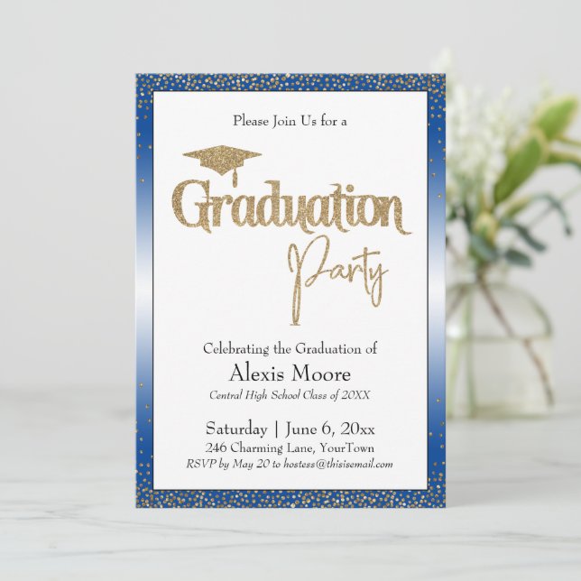 Graduierungsparty Blue Ombre Gold Confetti Einladung (Stehend Vorderseite)