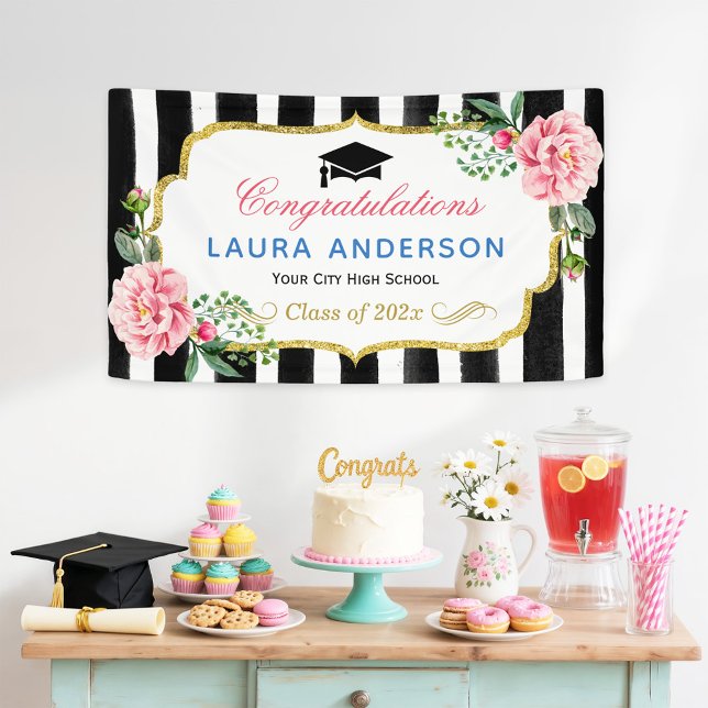 Graduierungsparty Blumengold Glitzer Schwarze Stre Banner (Von Creator hochgeladen)