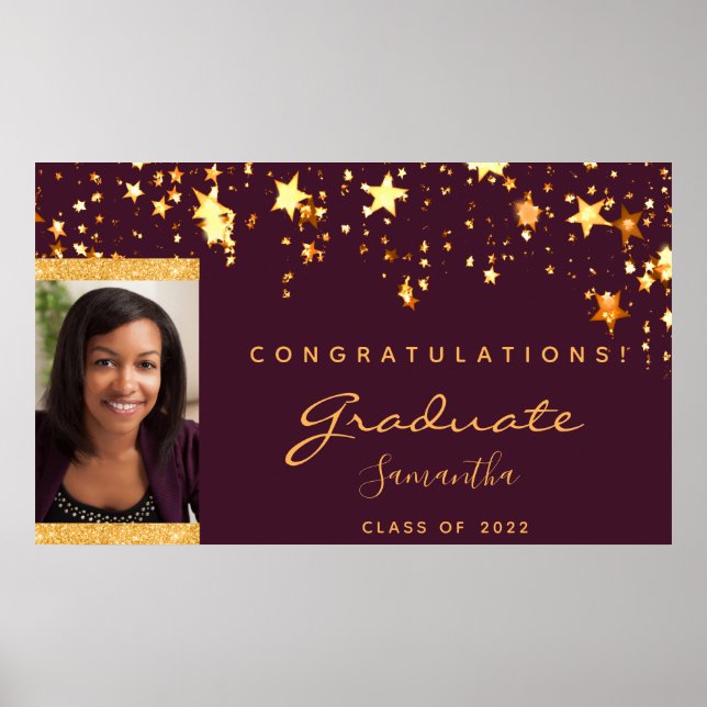 Graduierungsparty bordeauxfarbene Goldstars Foto Poster (Vorne)
