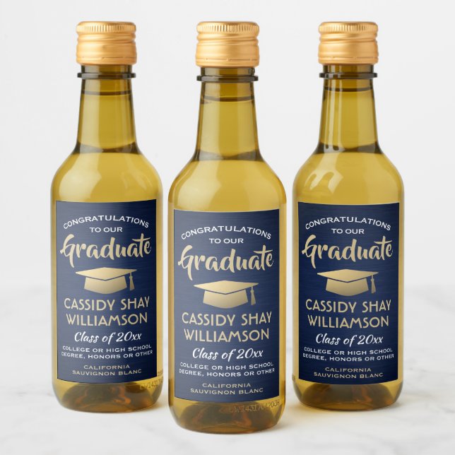 Graduierungsparty Brushed Navy Blue Gold White Min Weinetikett (Flaschen)