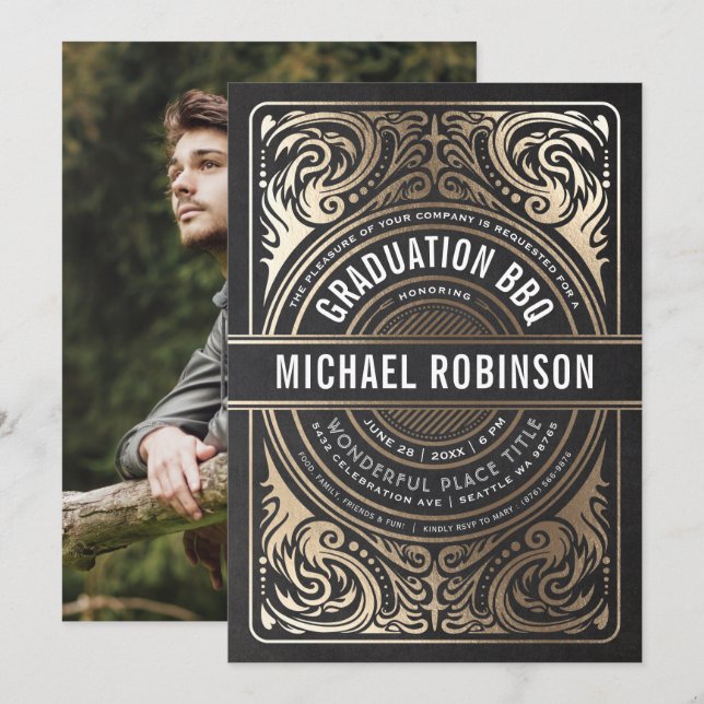 Graduierungsparty Einladungen Gold Foil Black Foto (Vorne/Hinten)