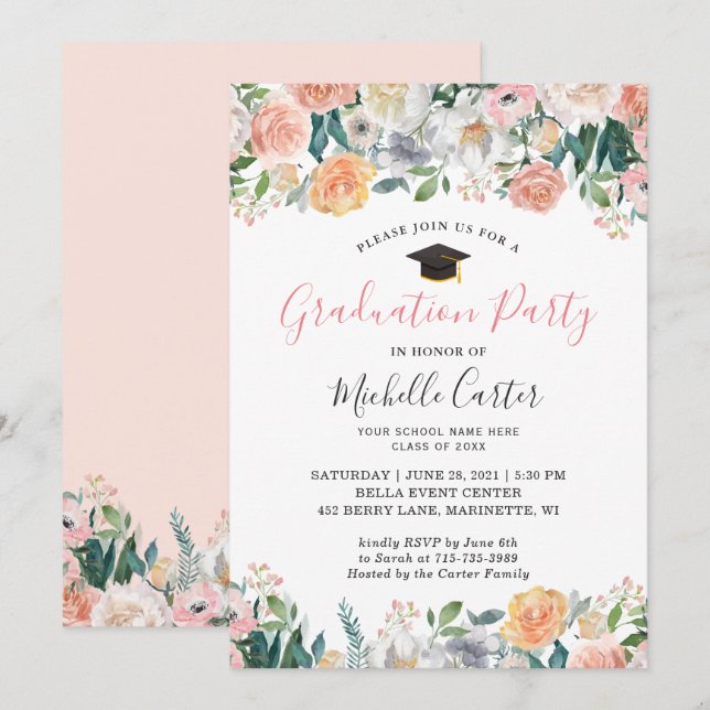 Graduierungsparty Elegante Garden Bloom Rose Blume Einladung (Vorne/Hinten)