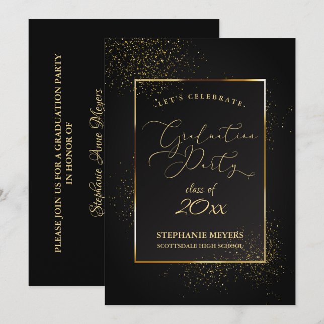 Graduierungsparty Eleganter Schwarz-Gold-Glitzer Einladung (Vorne/Hinten)