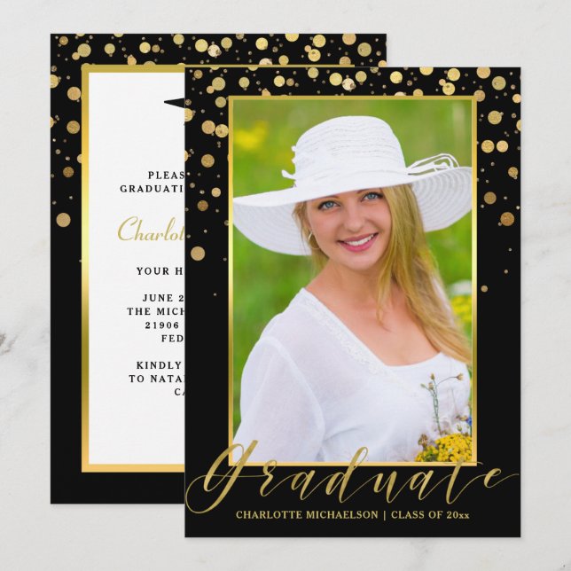 Graduierungsparty Elegantes Black Foto Gold Confet Einladung (Vorne/Hinten)