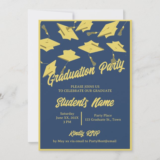 Graduierungsparty Foto Blue and Gold Mortarboards Einladung (Vorderseite)