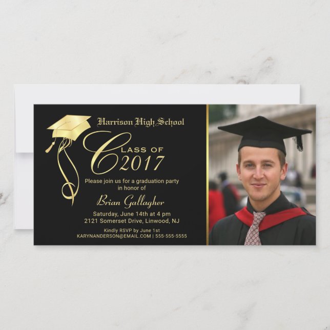 Graduierungsparty Foto Einladung Black & Gold Cap (Vorderseite)
