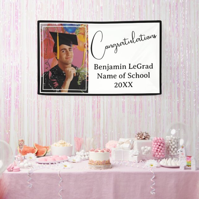 Graduierungsparty Foto Personalisiert Schwarz & We Banner (Party)