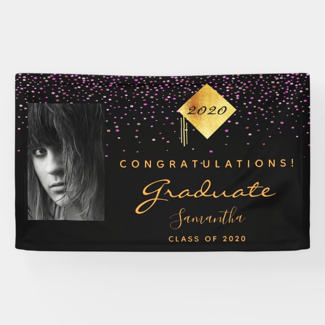 Graduierungsparty Foto schwarzes lila Gold Banner (Horizontal)