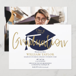 Graduierungsparty für blaue und goldene Skripte im Einladung