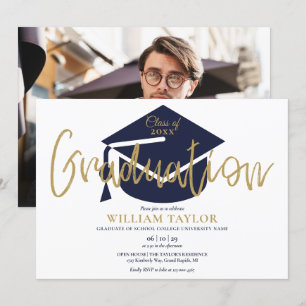 Graduierungsparty für blaue und goldene Skripte im Einladung