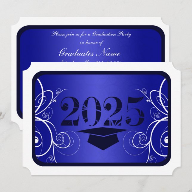 Graduierungsparty für blaue und weiße Rahmen Einladung (Vorne/Hinten)