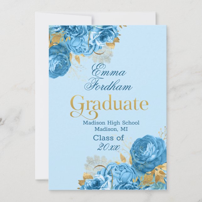 Graduierungsparty für Blue Rose und Gold Foil Blät Ankündigung (Vorderseite)
