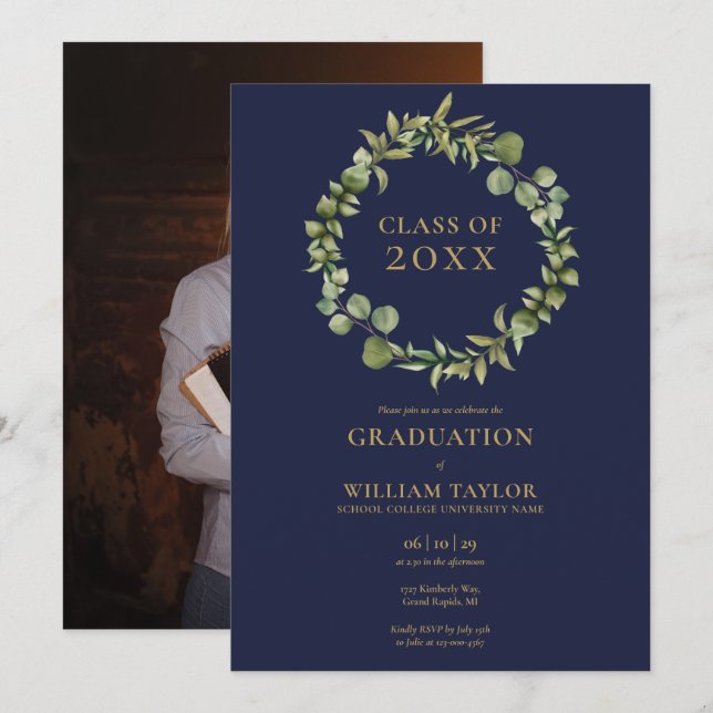 Graduierungsparty für das Foto von Navy Blue and G Einladung (Vorne/Hinten)
