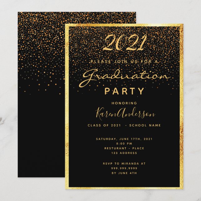Graduierungsparty Glam schwarzen Konfetti Gold Einladung (Vorne/Hinten)