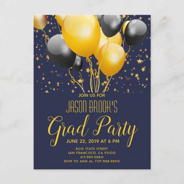 Graduierungsparty Gold Black Balloons auf schwarz Ankündigungspostkarte (Vorderseite)