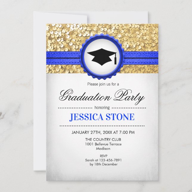 Graduierungsparty - Gold Royal Blue White Einladung (Vorderseite)