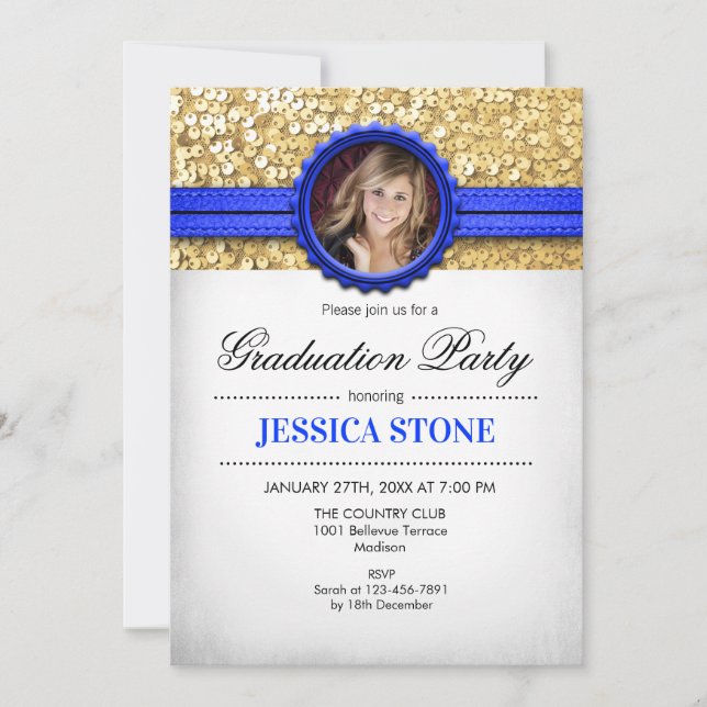 Graduierungsparty - Gold White Royal Blue - Foto Einladung (Vorderseite)