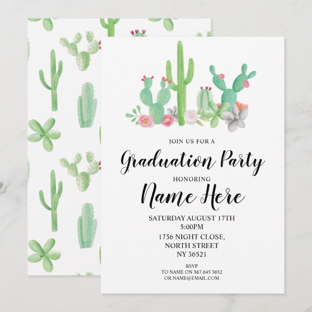 Graduierungsparty lädt Cactus Aquarelldruck ein Einladung (Vorne/Hinten)