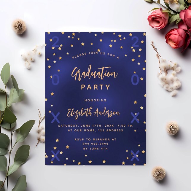 Graduierungsparty Marine blaue Goldstars Jahr Einladungspostkarte (Von Creator hochgeladen)
