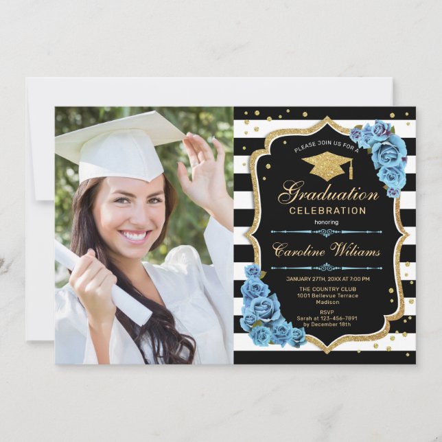 Graduierungsparty mit Foto - Blauer Blumen in Gold Einladung (Vorderseite)