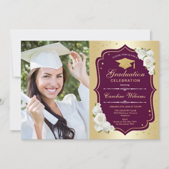 Graduierungsparty mit Foto - Gold Burgund Einladung (Vorderseite)
