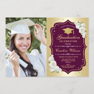 Graduierungsparty mit Foto - Gold Burgund Einladung