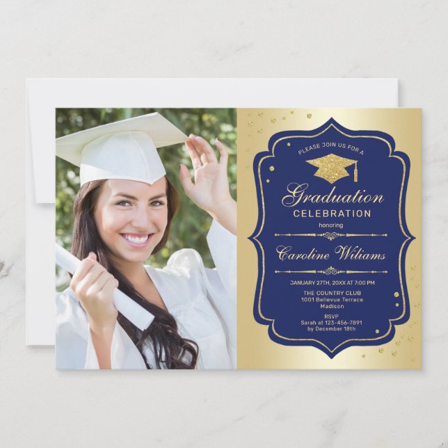 Graduierungsparty mit Foto - Gold Navy Einladung (Vorderseite)