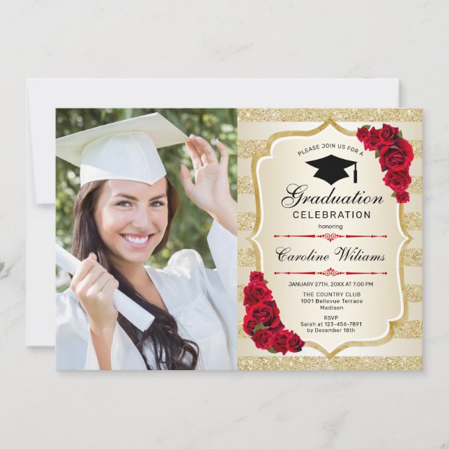 Graduierungsparty mit Foto - Gold Red Einladung (Vorderseite)