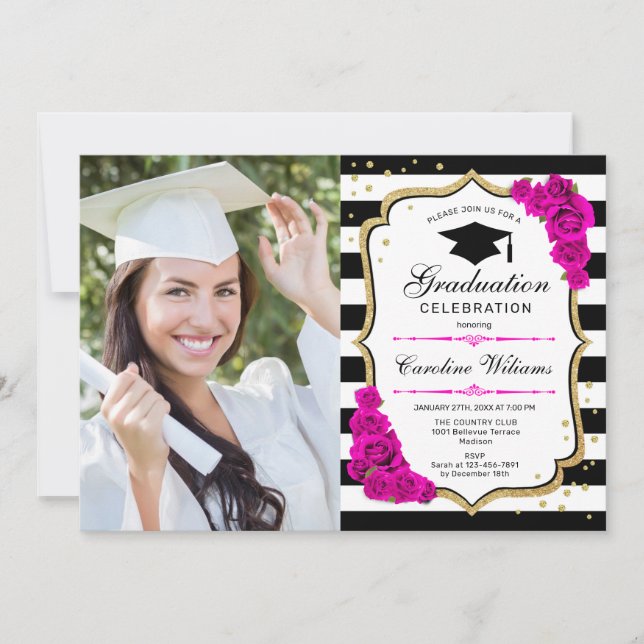 Graduierungsparty mit Foto - Gold Rosa Weiß Einladung (Vorderseite)