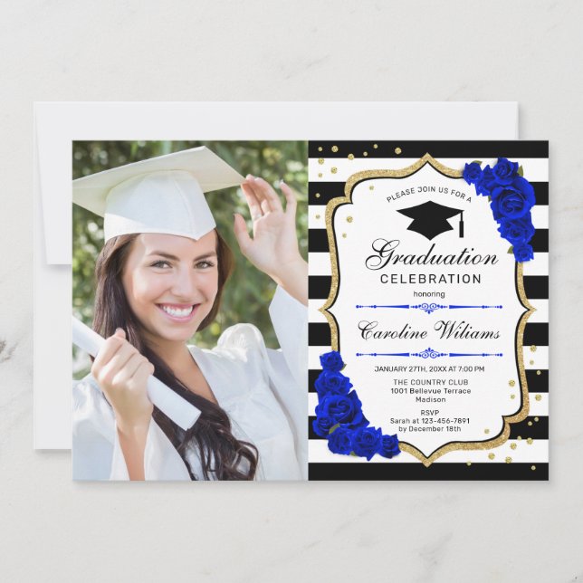 Graduierungsparty mit Foto - Gold Royal Blue Einladung (Vorderseite)