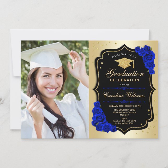 Graduierungsparty mit Foto - Gold Royal Blue Einladung (Vorderseite)