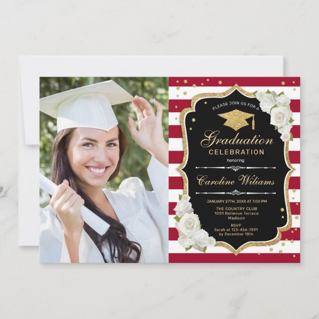 Graduierungsparty mit Foto - Gold Schwarz Rot Einladung (Vorderseite)