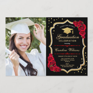 Graduierungsparty mit Foto - Gold Schwarz Rot Einladung
