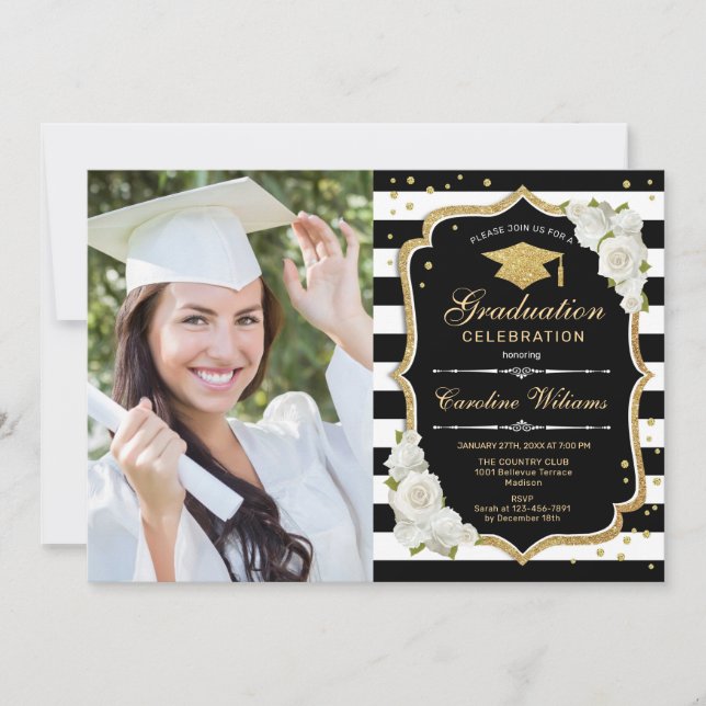 Graduierungsparty mit Foto - Gold Schwarz-weiß Einladung (Vorderseite)