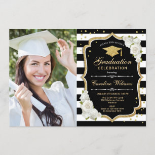 Graduierungsparty mit Foto - Gold Schwarz-weiß Einladung