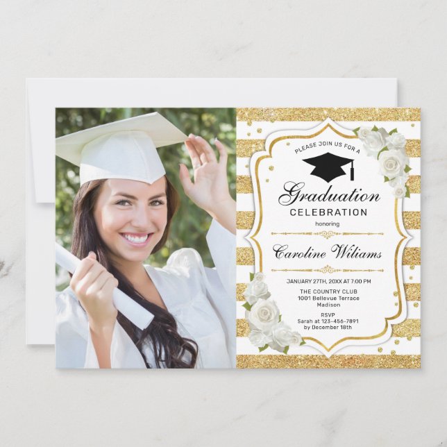 Graduierungsparty mit Foto - Gold White Einladung (Vorderseite)