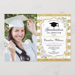 Graduierungsparty mit Foto - Gold White Einladung
